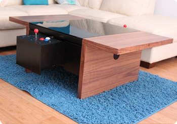 Dual arcade coffee table with control panels open
