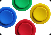 Set of colour arcade button coasters on white background